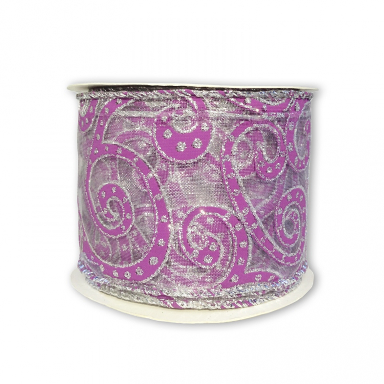 Лента армированная Органза Прозрачная "Фиолетовая филигрань. Глиттер"